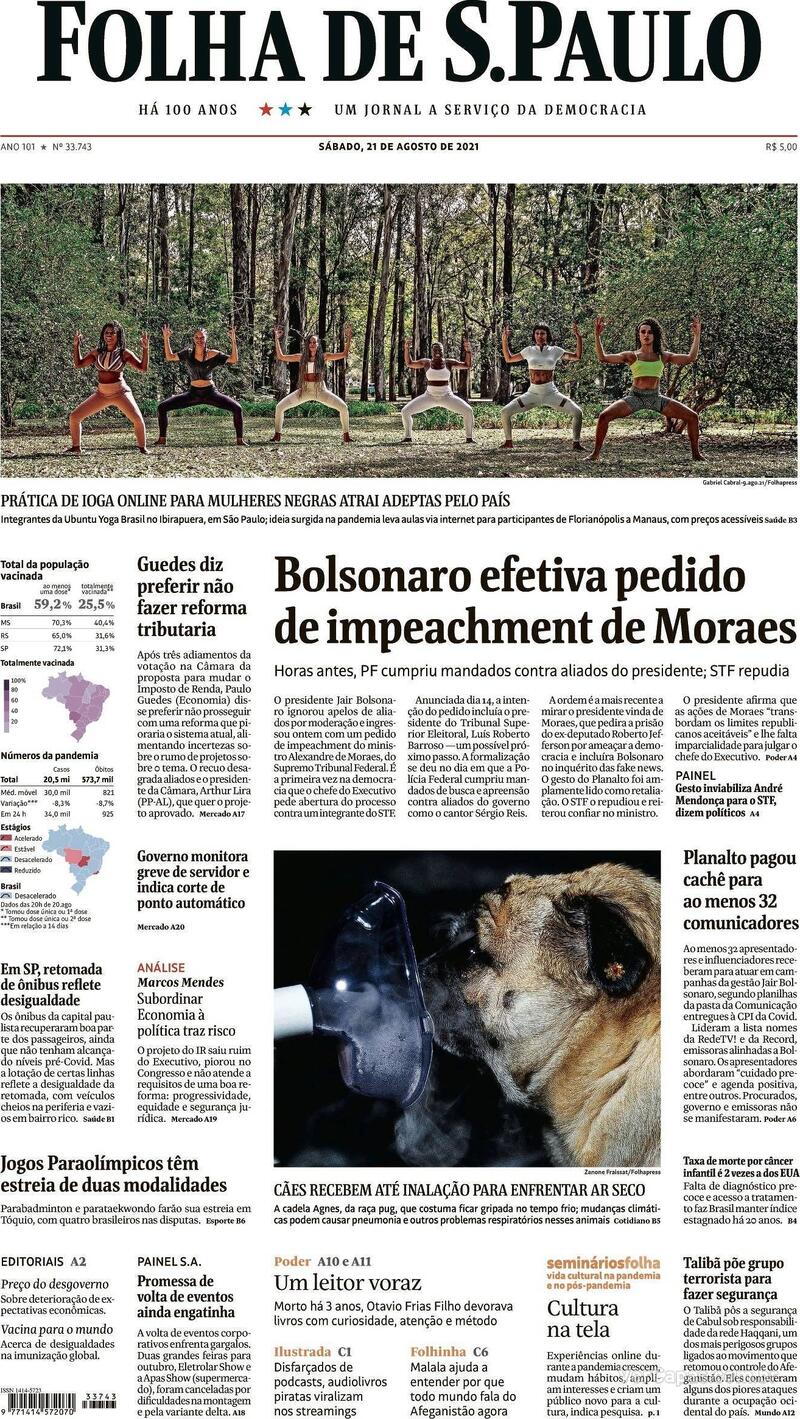 Capa do jornal Folha de S.Paulo 21/08/2021