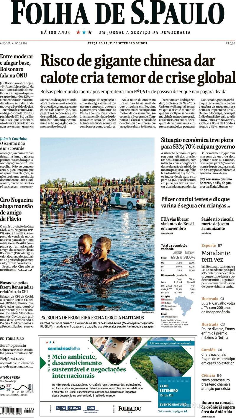 Capa do jornal Folha de S.Paulo 21/09/2021
