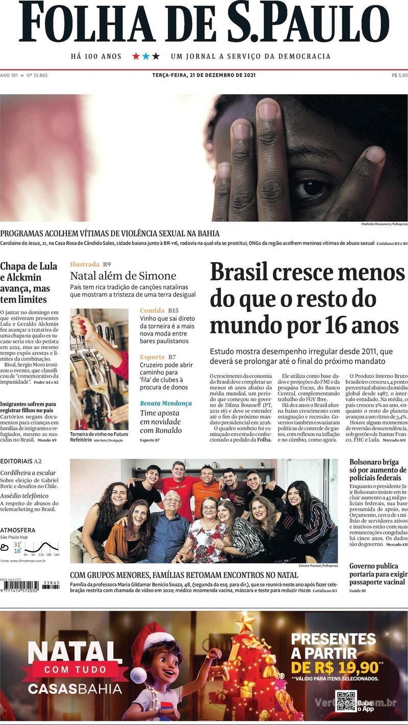 Capa do jornal Folha de S.Paulo 21/12/2021
