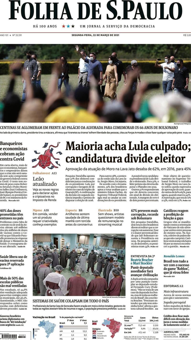 Capa do jornal Folha de S.Paulo 22/03/2021