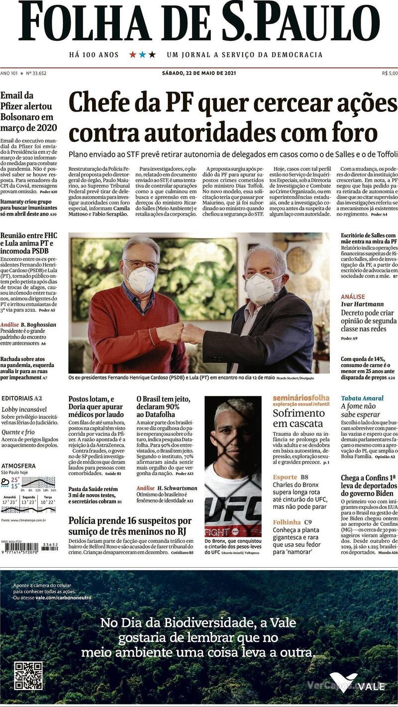 Capa do jornal Folha de S.Paulo 22/05/2021