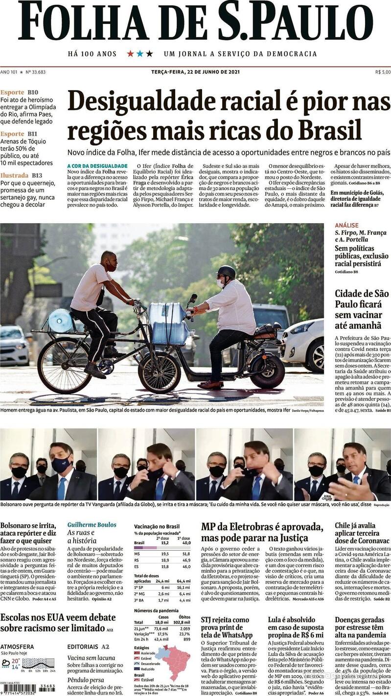 Capa do jornal Folha de S.Paulo 22/06/2021