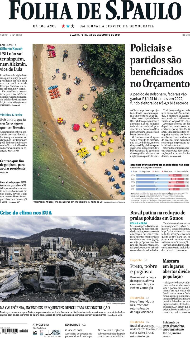 Capa do jornal Folha de S.Paulo 22/12/2021