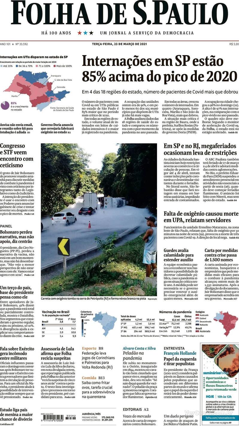 Capa do jornal Folha de S.Paulo 23/03/2021