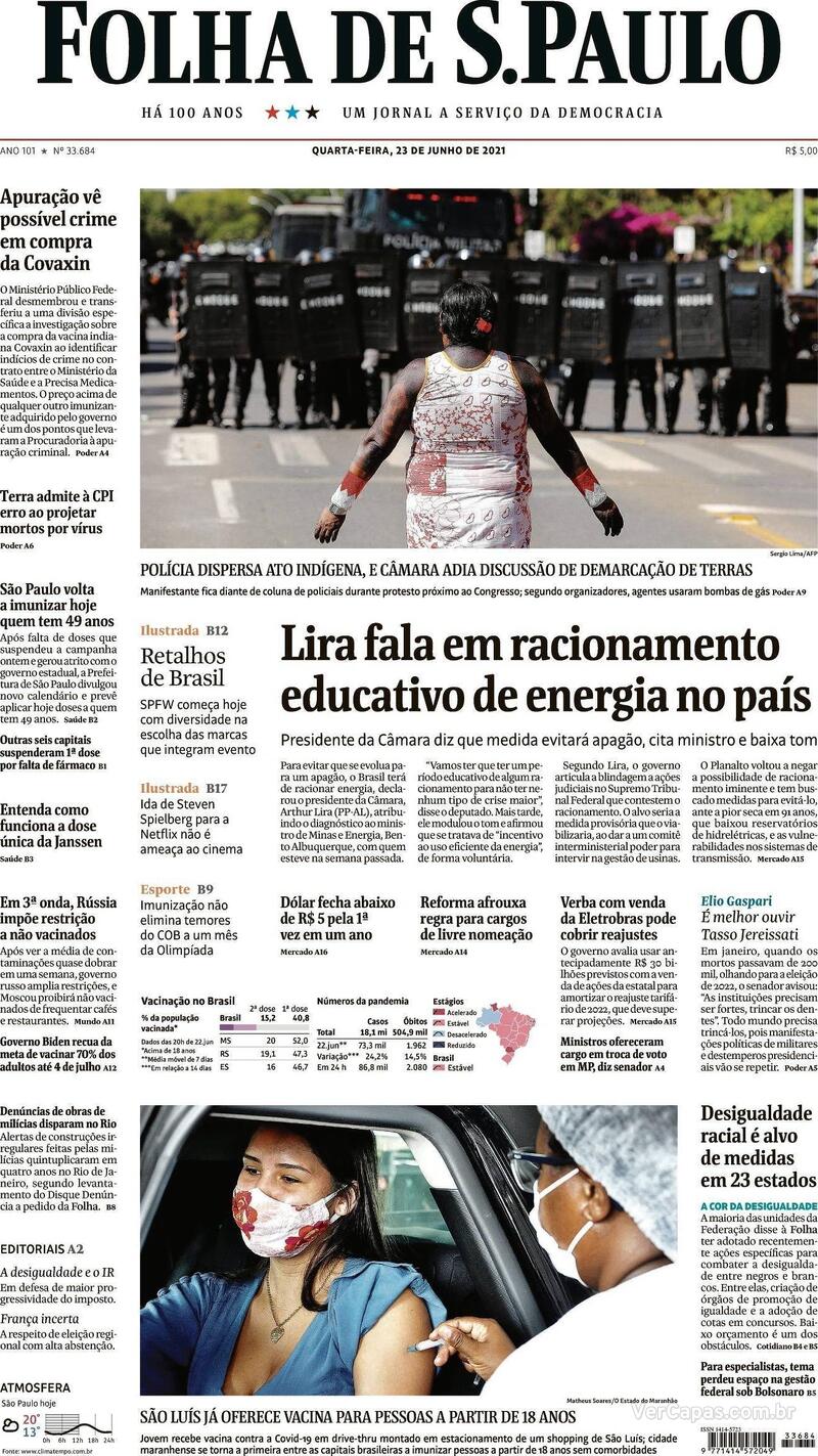Capa do jornal Folha de S.Paulo 23/06/2021