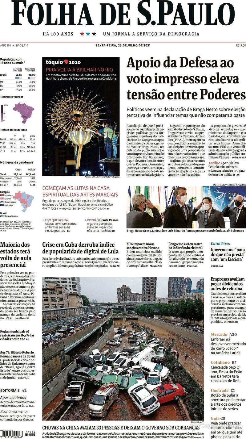 Capa do jornal Folha de S.Paulo 23/07/2021