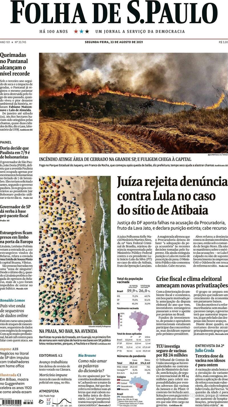 Capa do jornal Folha de S.Paulo 23/08/2021