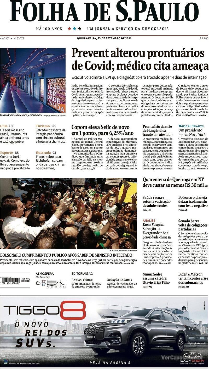 Capa do jornal Folha de S.Paulo 23/09/2021