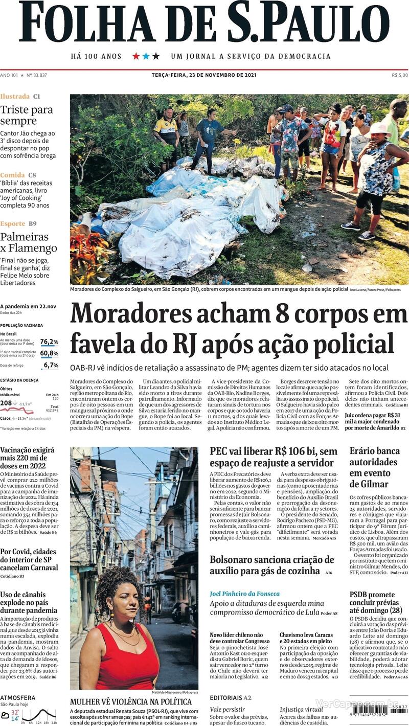Capa do jornal Folha de S.Paulo 23/11/2021