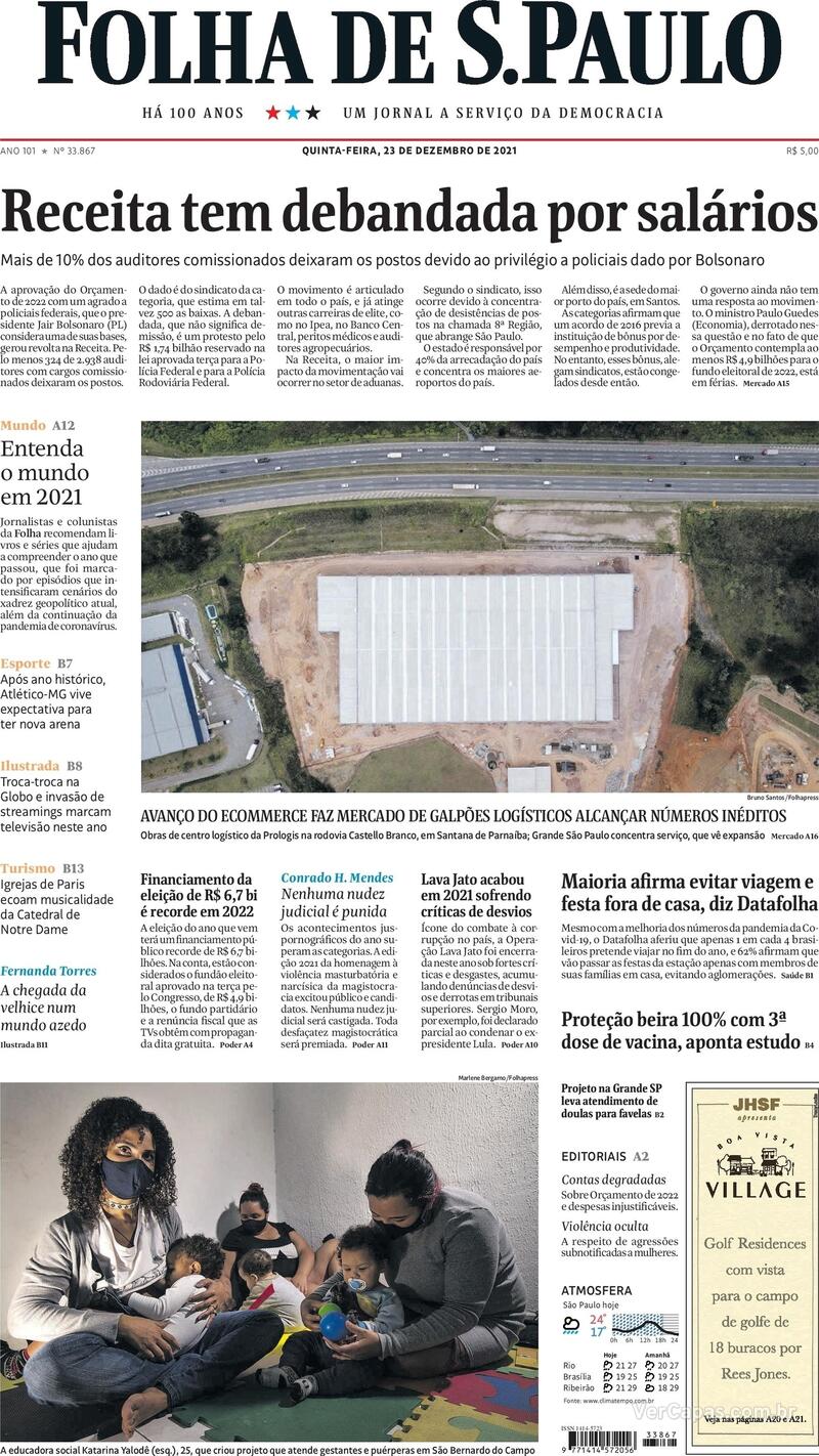 Capa do jornal Folha de S.Paulo 23/12/2021
