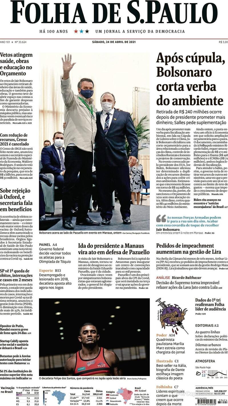 Capa do jornal Folha de S.Paulo 24/04/2021