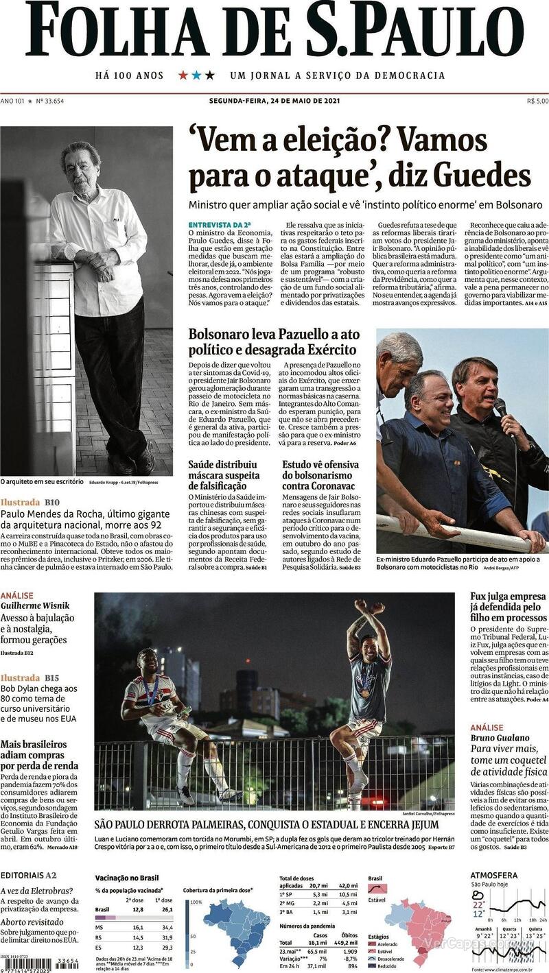 Capa do jornal Folha de S.Paulo 24/05/2021