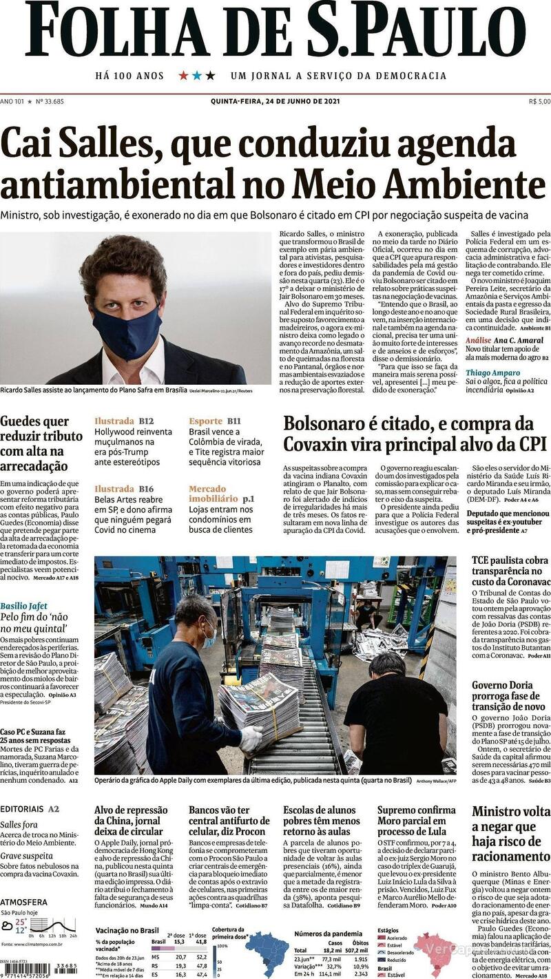 Capa do jornal Folha de S.Paulo 24/06/2021