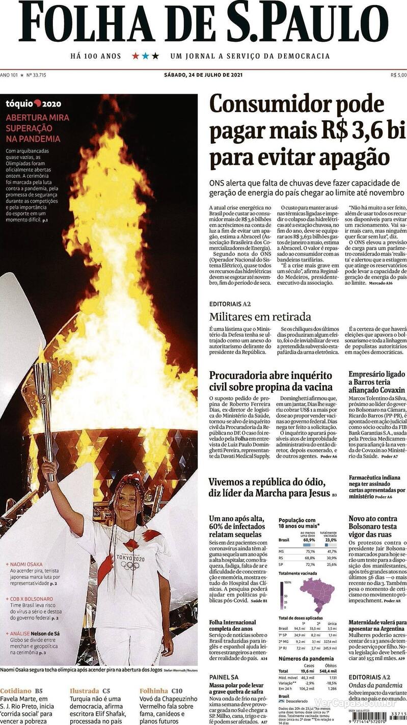 Capa do jornal Folha de S.Paulo 24/07/2021