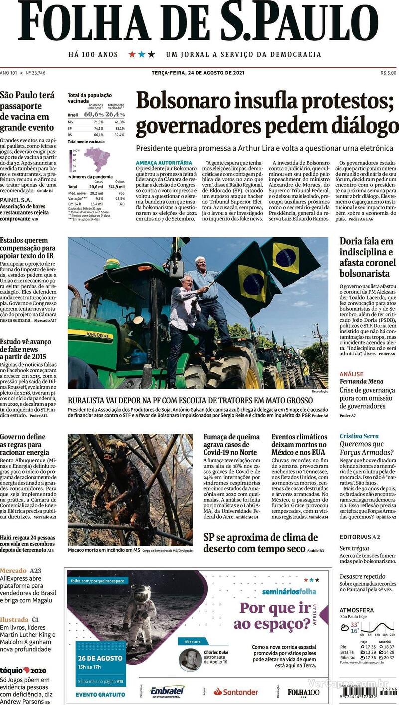 Capa do jornal Folha de S.Paulo 24/08/2021