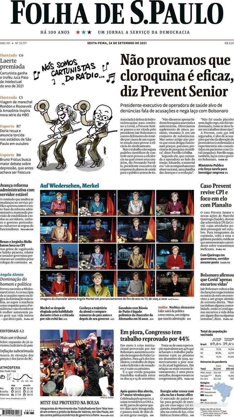 Capa do jornal Folha de S.Paulo 24/09/2021