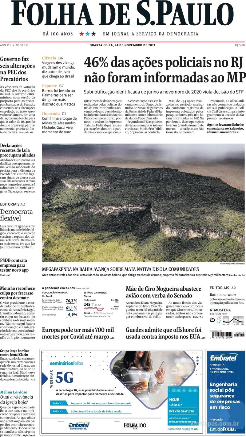 Capa do jornal Folha de S.Paulo 24/11/2021