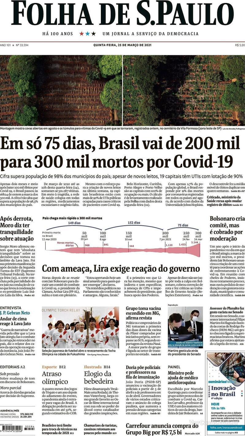 Capa do jornal Folha de S.Paulo 25/03/2021