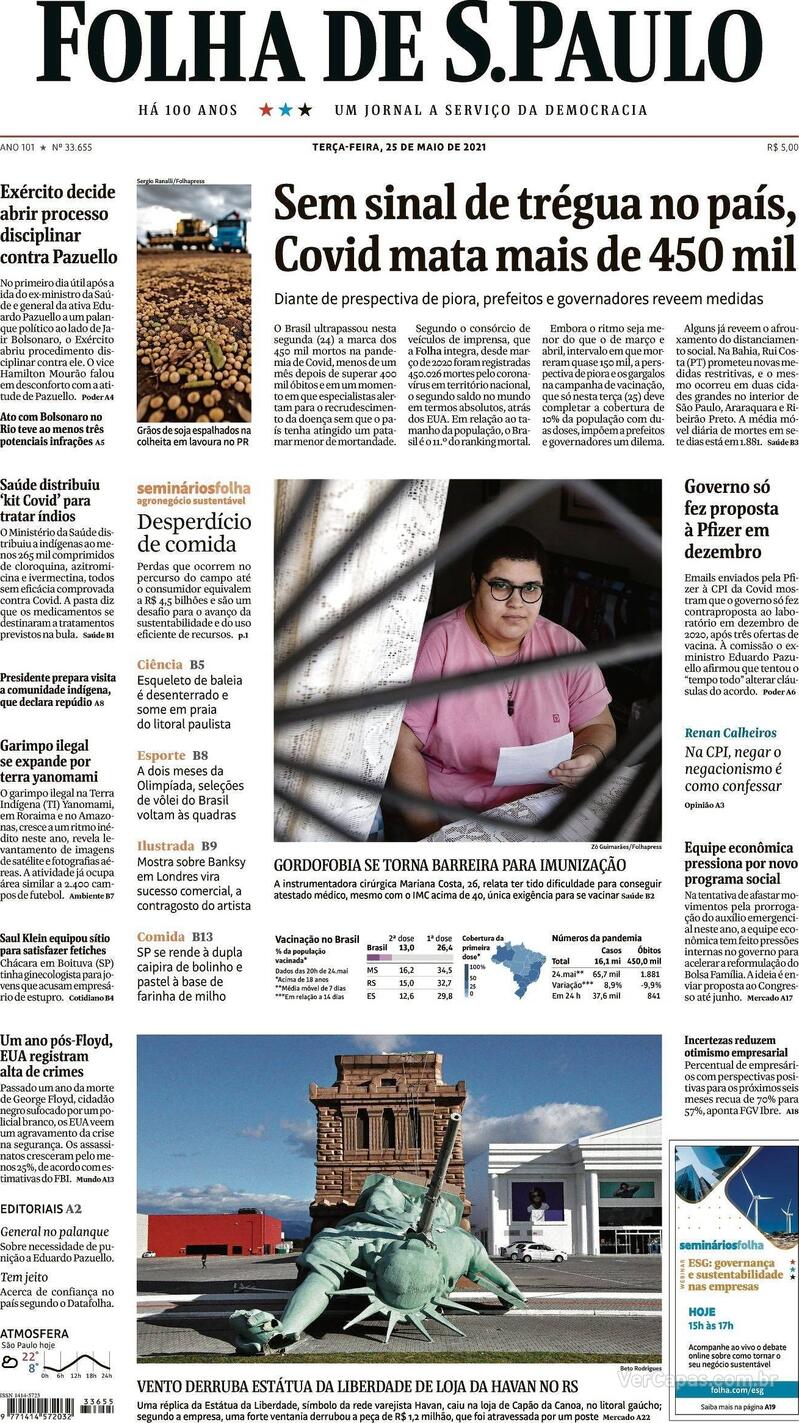 Capa do jornal Folha de S.Paulo 25/05/2021