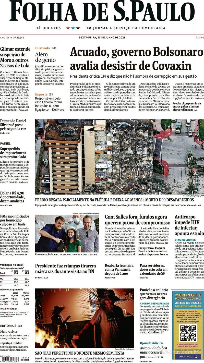 Capa do jornal Folha de S.Paulo 25/06/2021