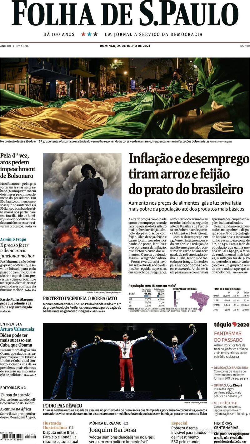 Capa Folha De S Paulo Edição Domingo 25 De Julho De 2021