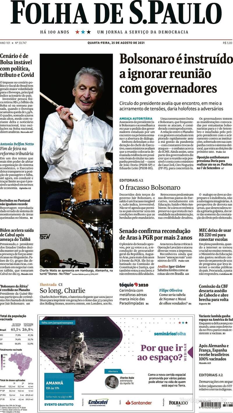 Capa do jornal Folha de S.Paulo 25/08/2021