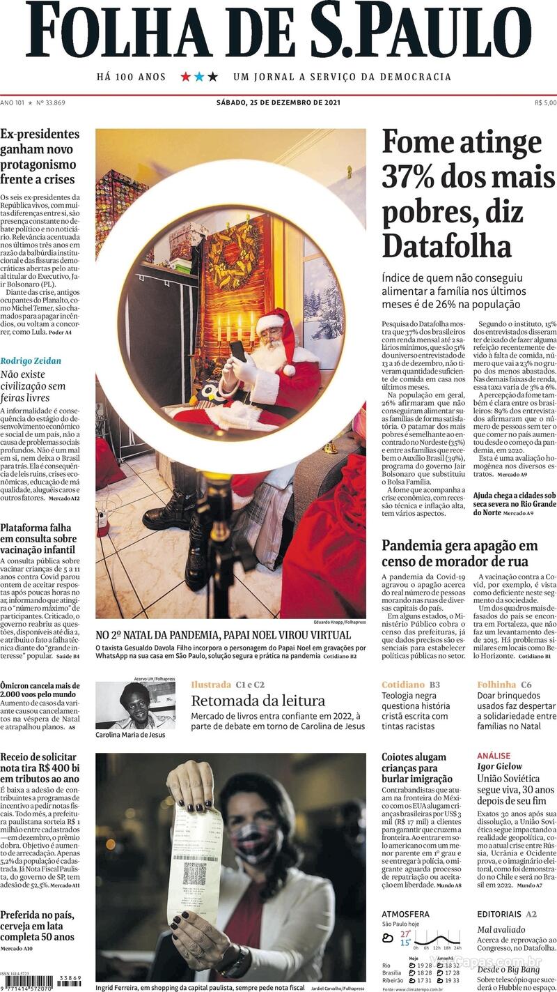 Capa do jornal Folha de S.Paulo 25/12/2021