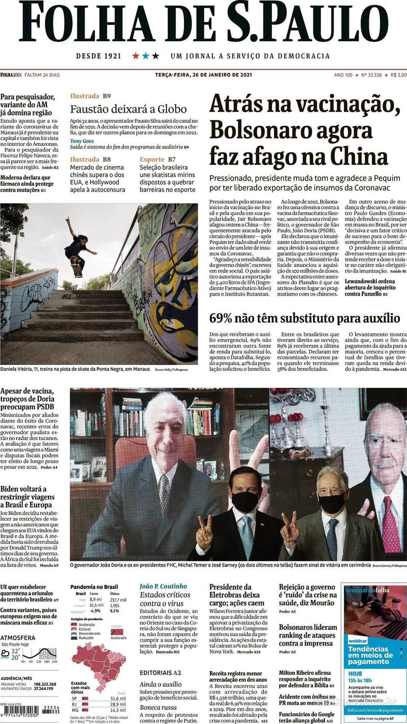 Capa do jornal Folha de S.Paulo 26/01/2021