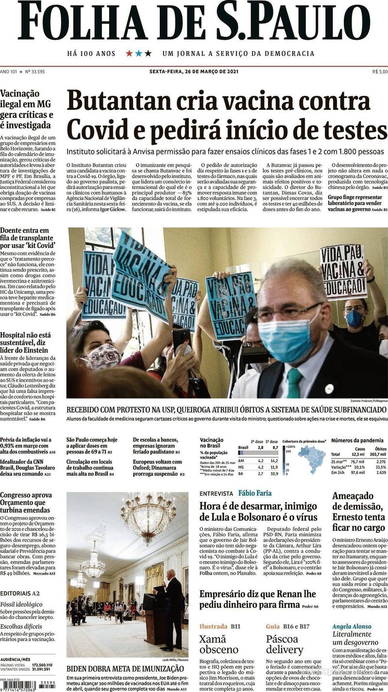 Capa do jornal Folha de S.Paulo 26/03/2021