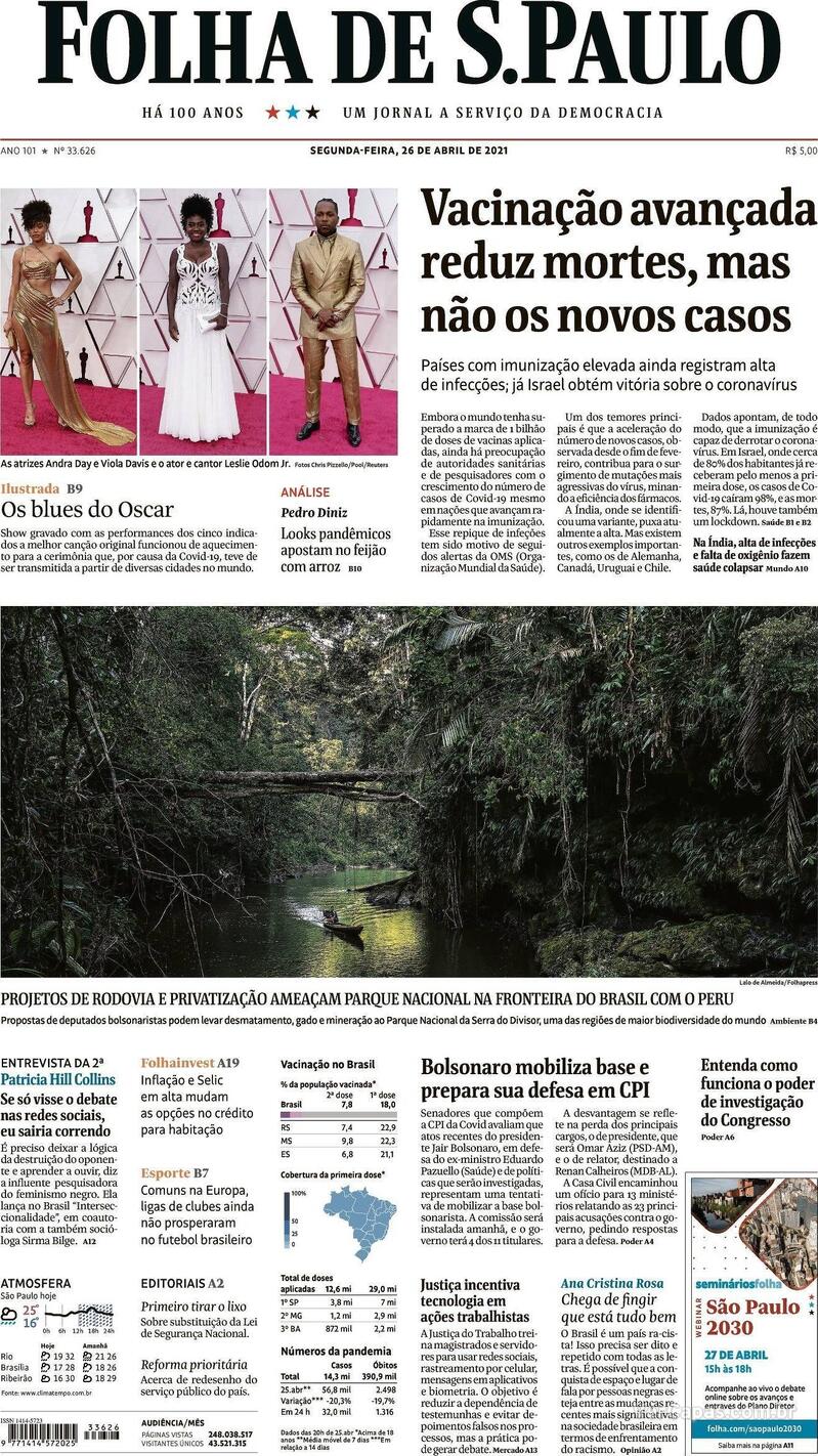 Capa do jornal Folha de S.Paulo 26/04/2021