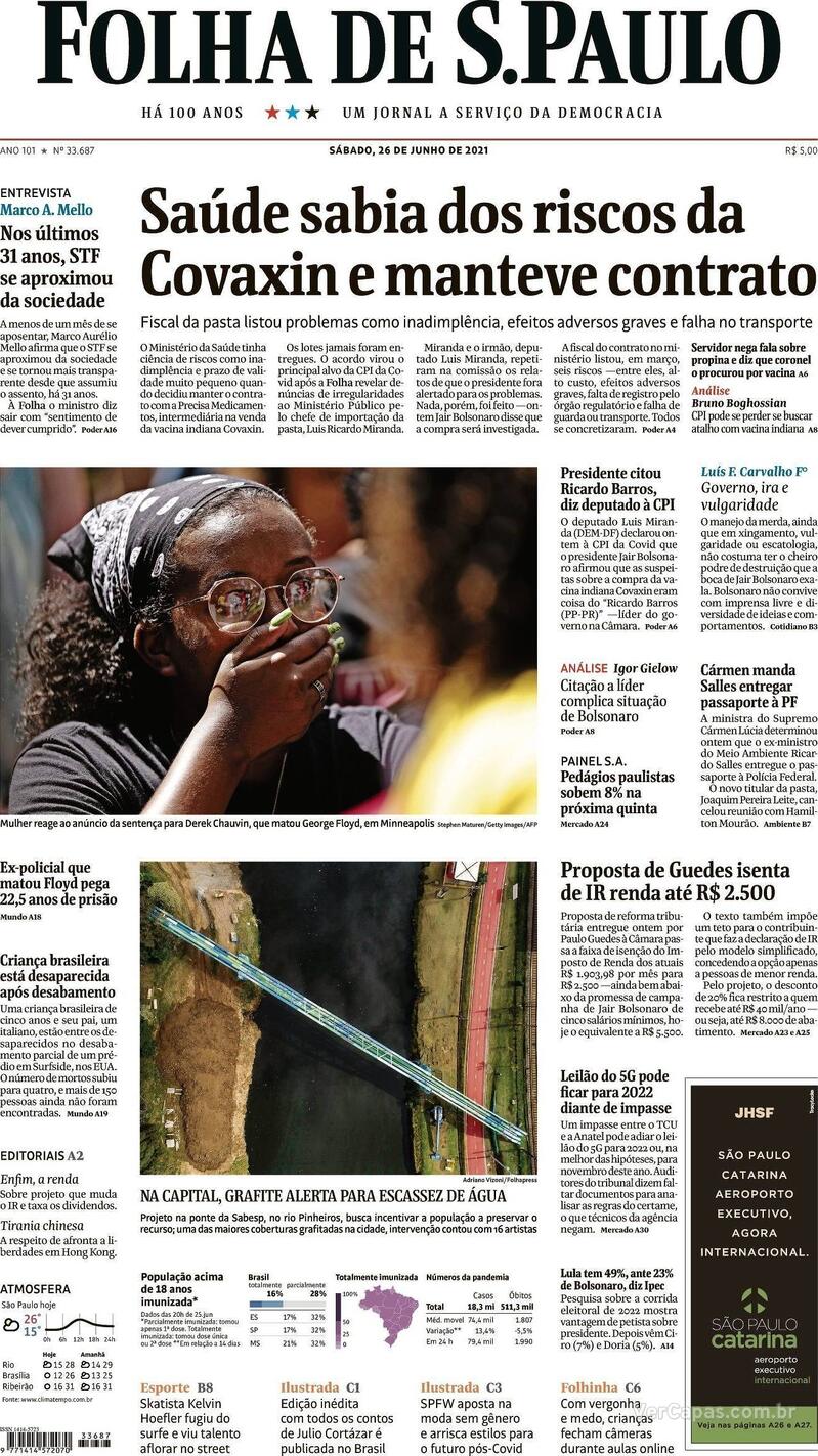 Capa do jornal Folha de S.Paulo 26/06/2021
