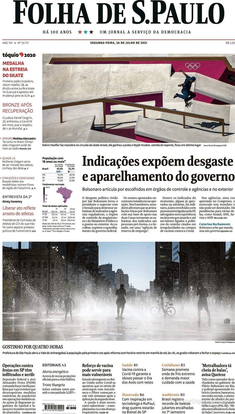 Capa do jornal Folha de S.Paulo 26/07/2021