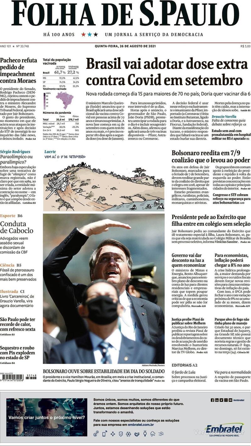 Capa do jornal Folha de S.Paulo 26/08/2021