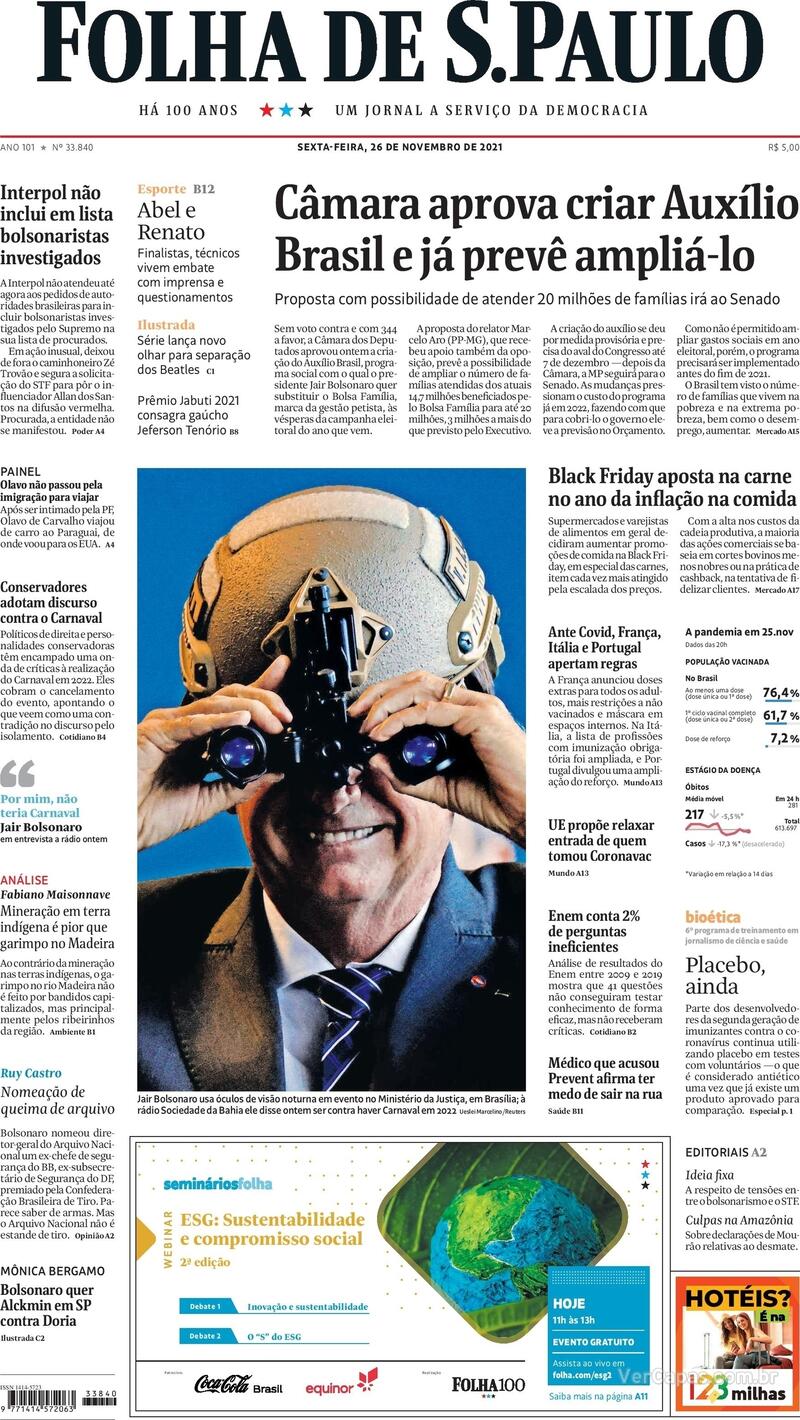 Capa do jornal Folha de S.Paulo 26/11/2021