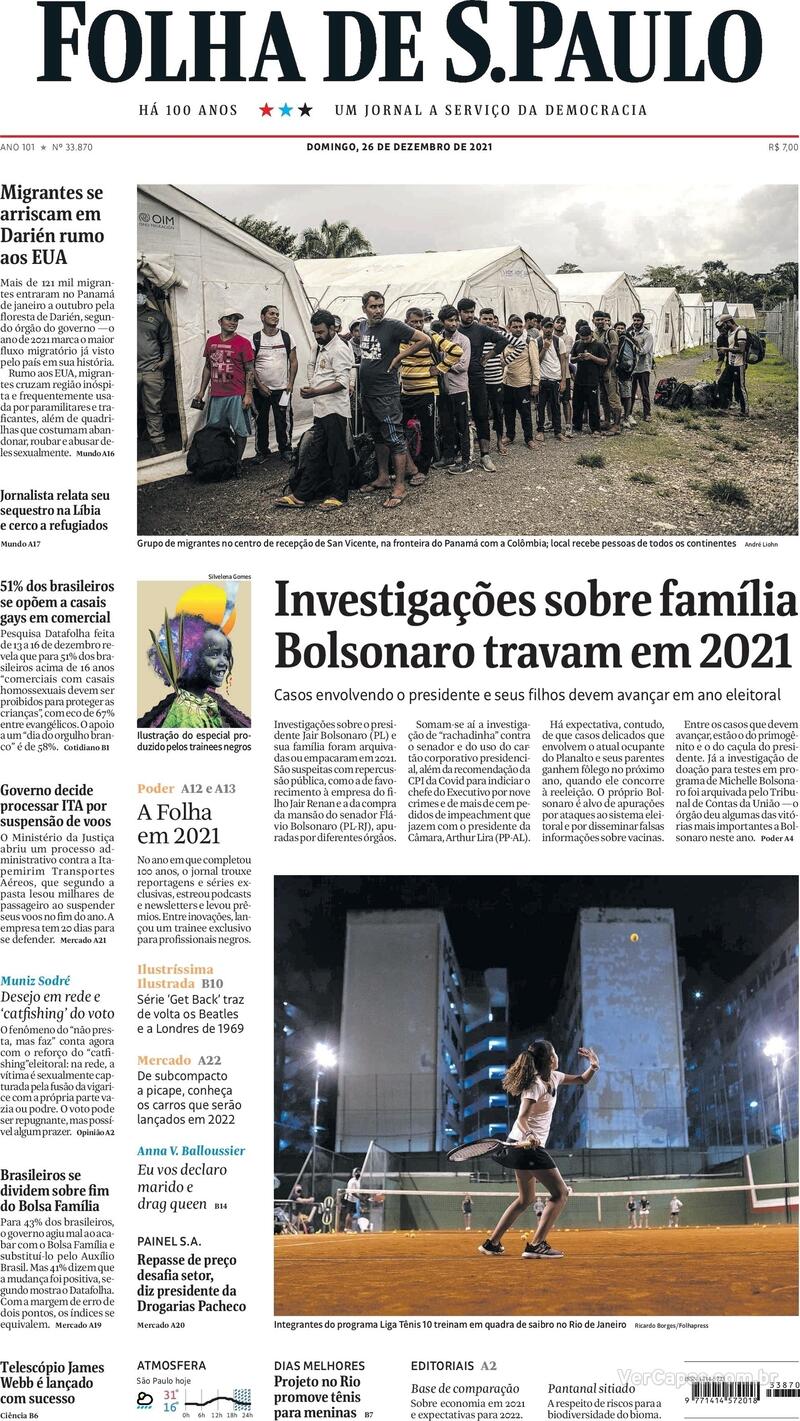 Capa do jornal Folha de S.Paulo 26/12/2021