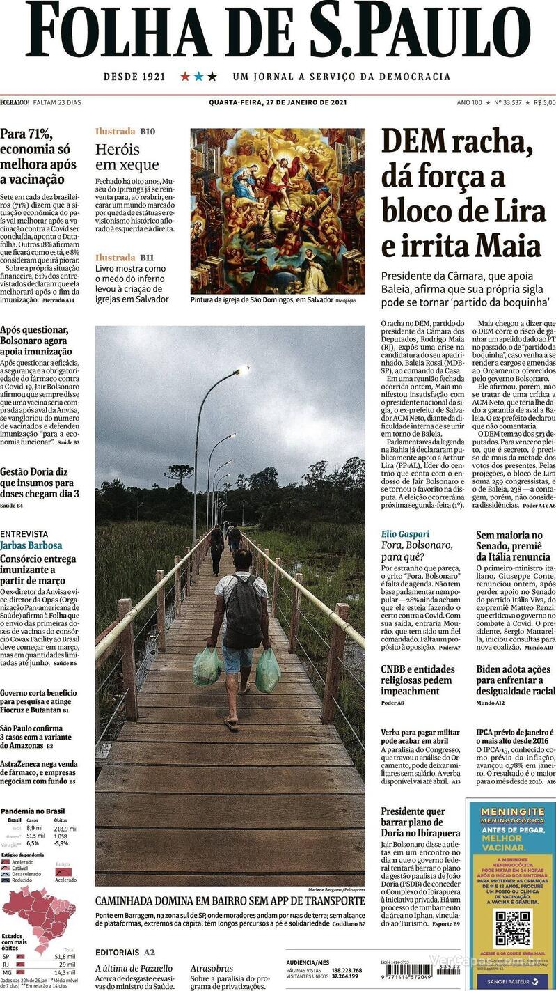 Capa do jornal Folha de S.Paulo 27/01/2021