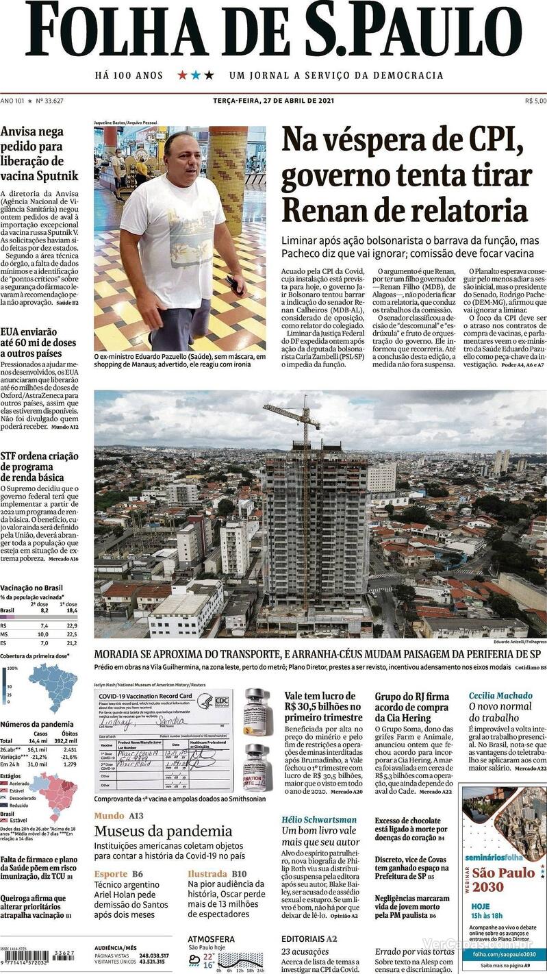 Capa do jornal Folha de S.Paulo 27/04/2021