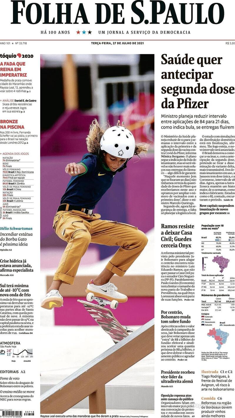 Capa do jornal Folha de S.Paulo 27/07/2021