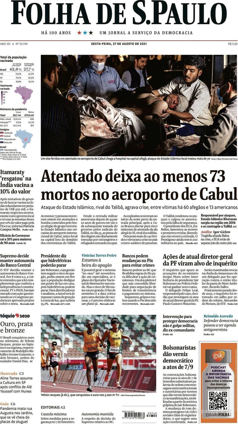 Capa do jornal Folha de S.Paulo 27/08/2021