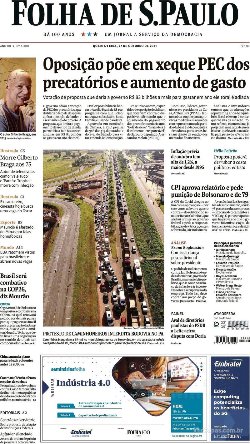 Capa do jornal Folha de S.Paulo 27/10/2021