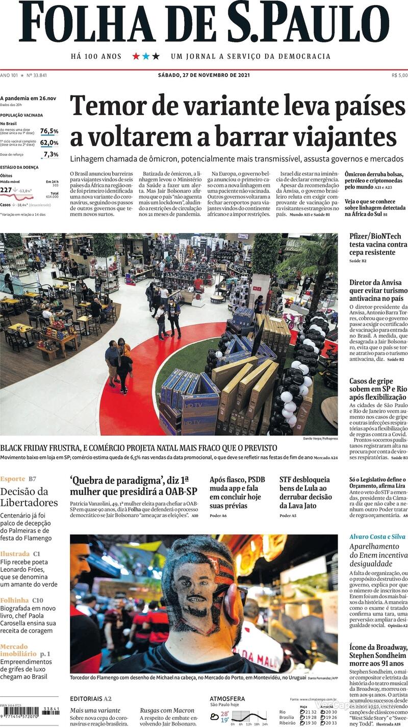 Capa do jornal Folha de S.Paulo 27/11/2021
