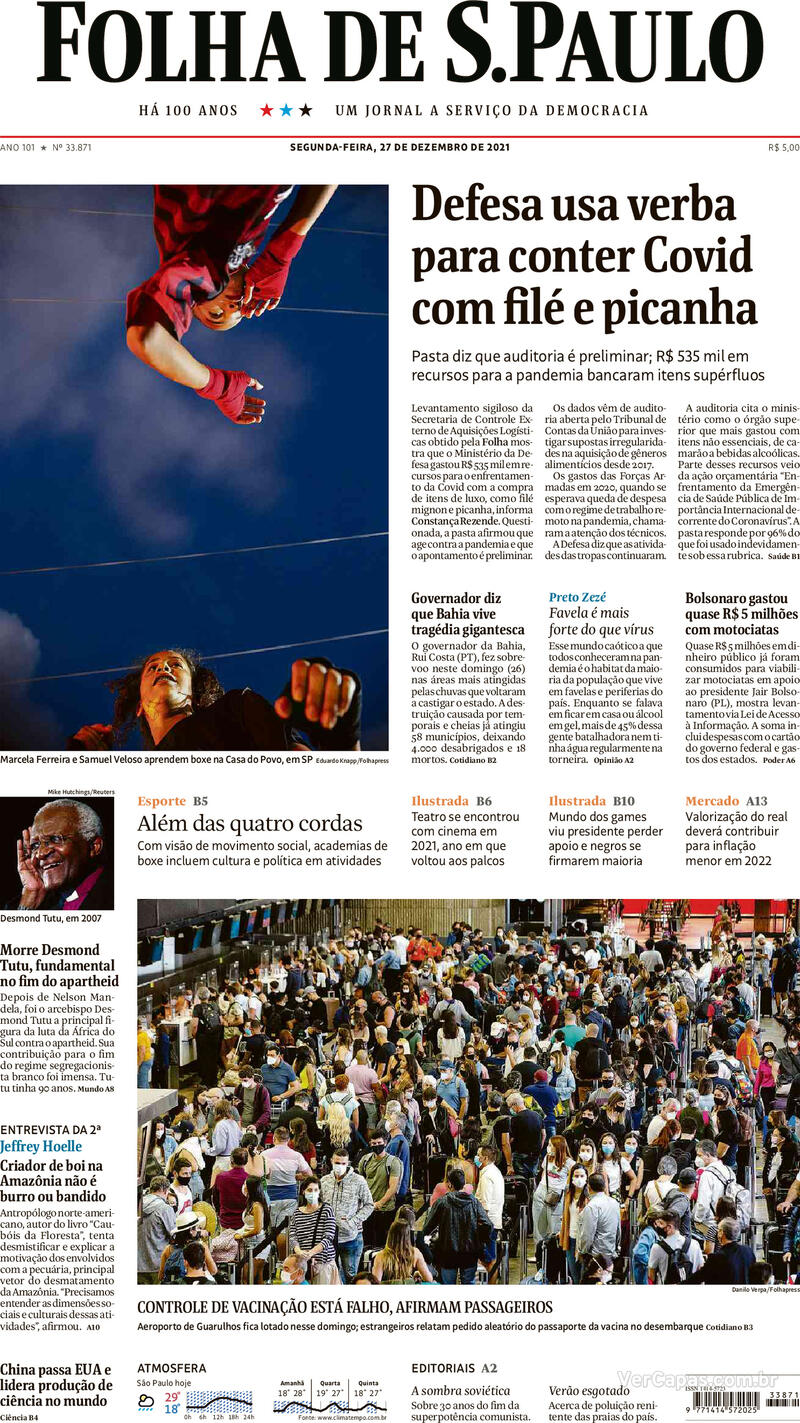 Capa do jornal Folha de S.Paulo 27/12/2021