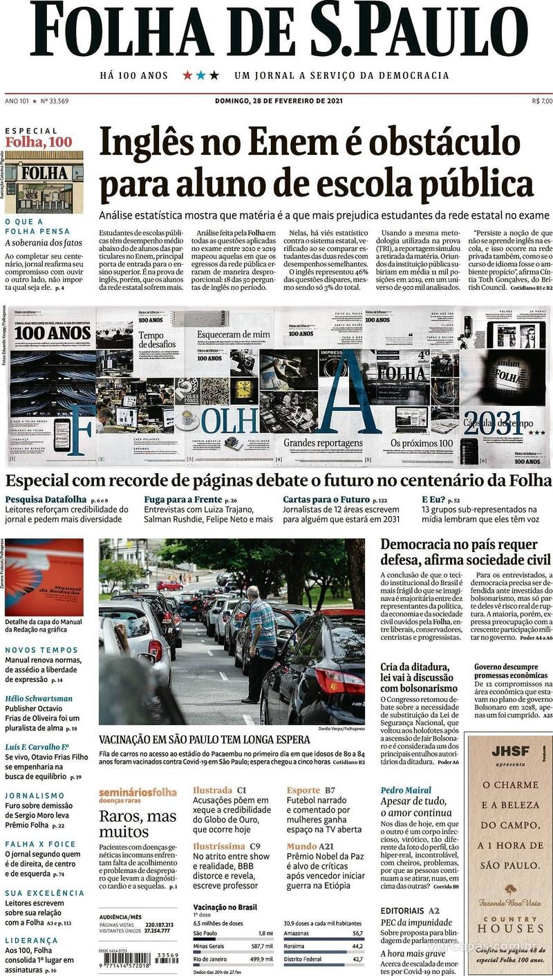 Capa do jornal Folha de S.Paulo 28/02/2021