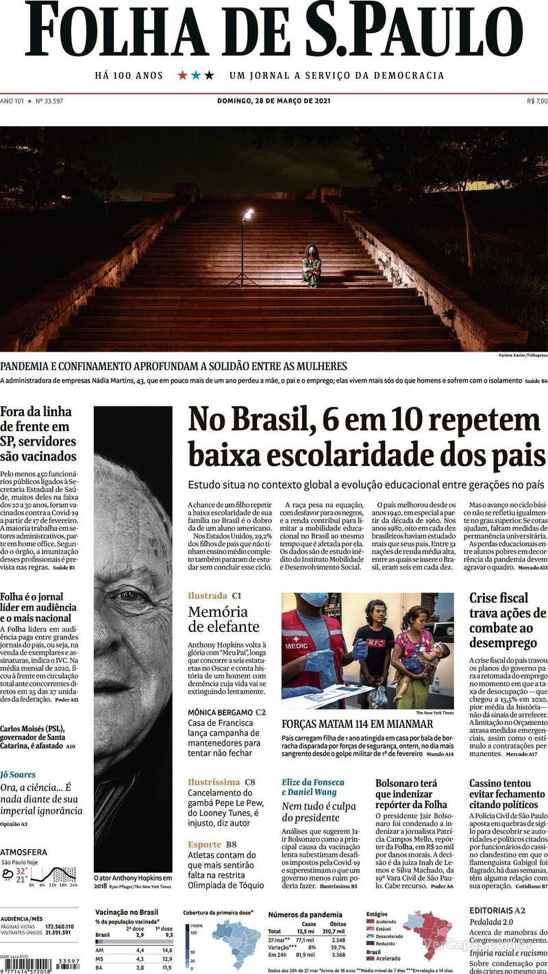 Capa do jornal Folha de S.Paulo 28/03/2021