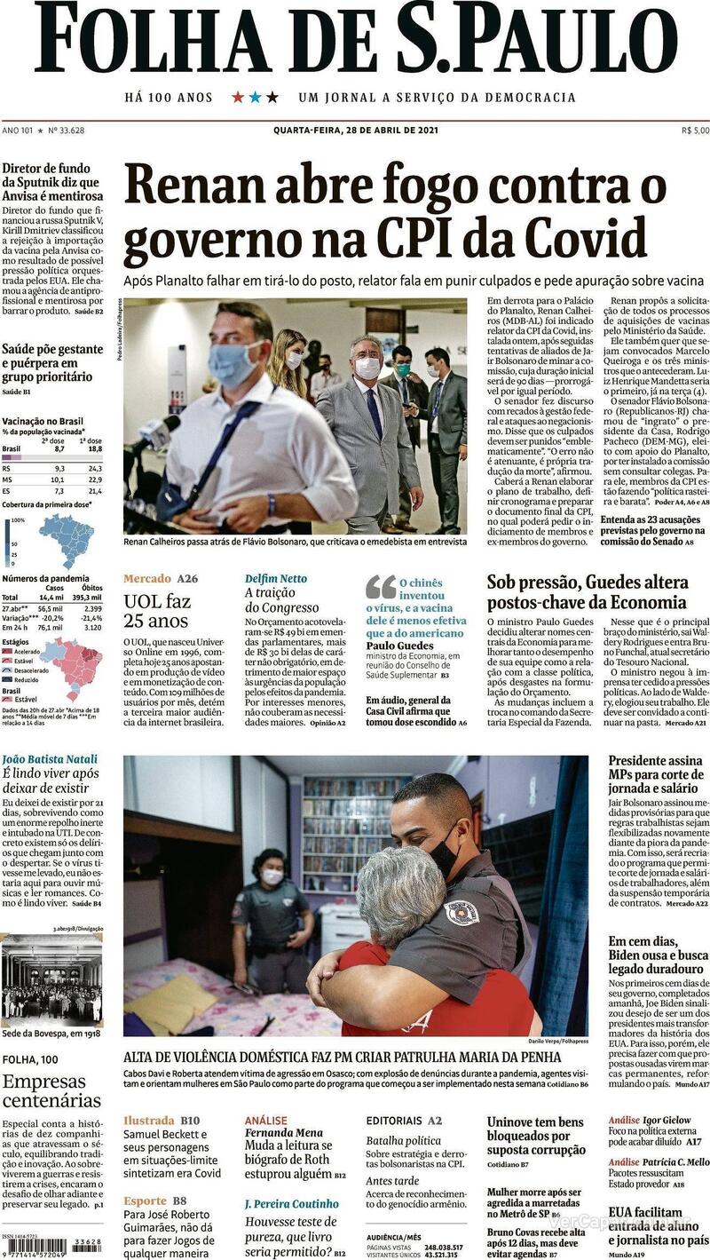 Capa do jornal Folha de S.Paulo 28/04/2021