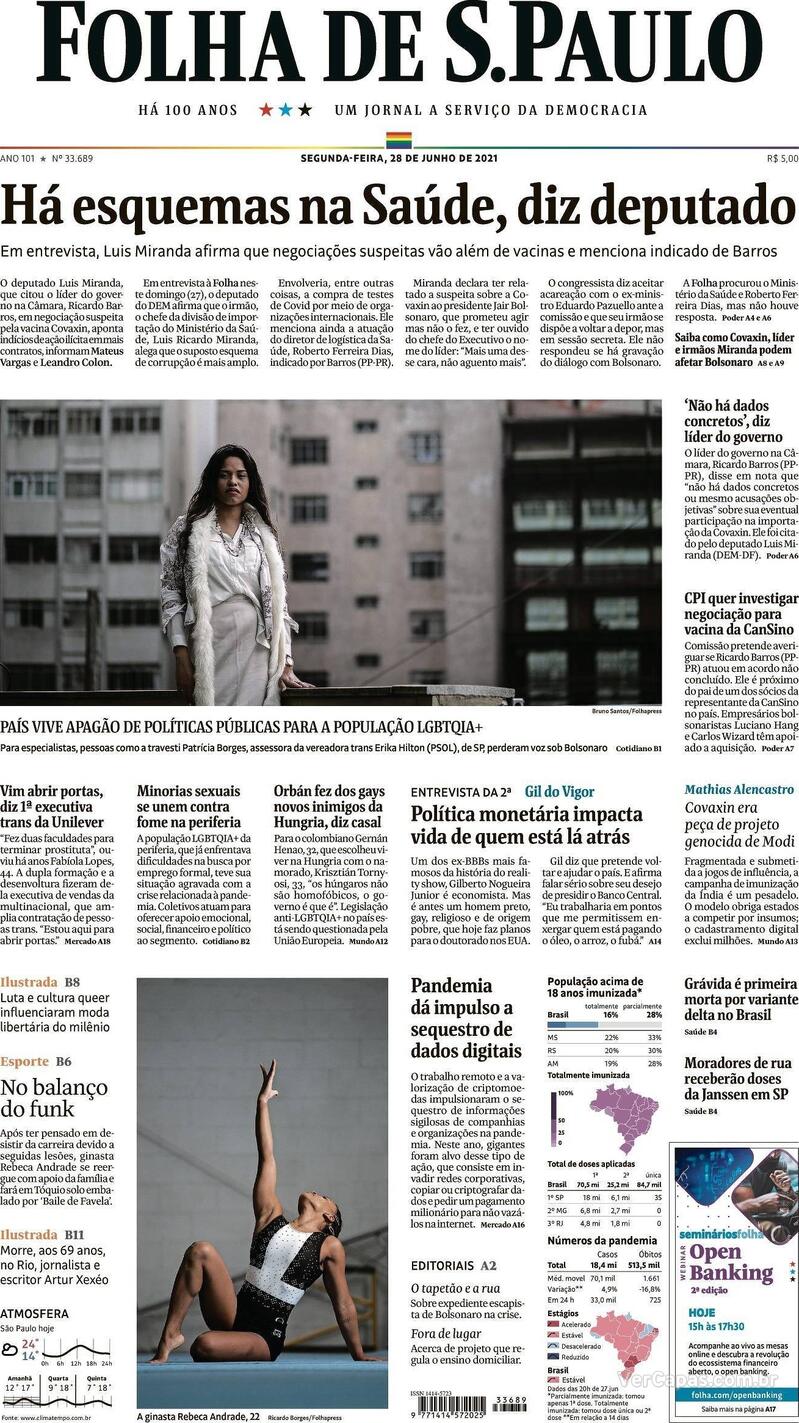 Capa do jornal Folha de S.Paulo 28/06/2021