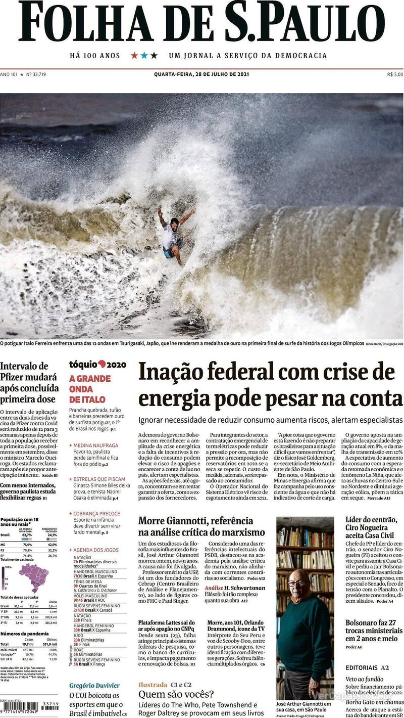 Capa do jornal Folha de S.Paulo 28/07/2021