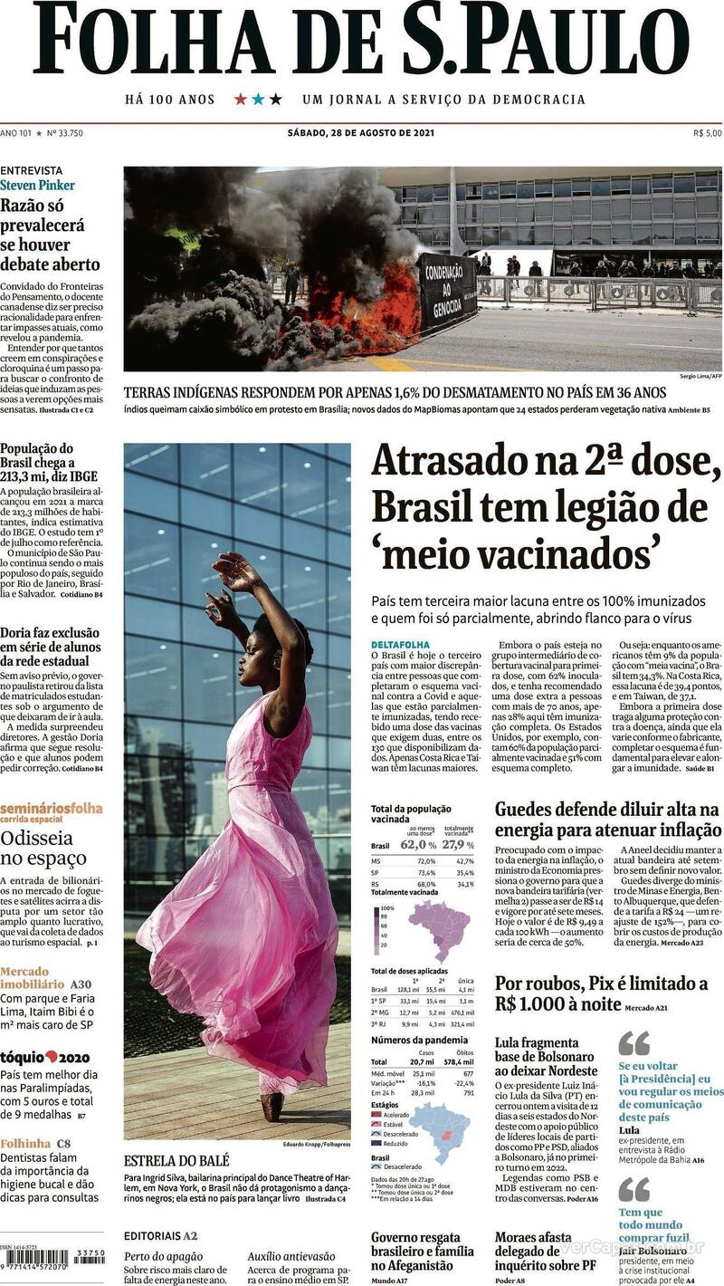 Capa do jornal Folha de S.Paulo 28/08/2021
