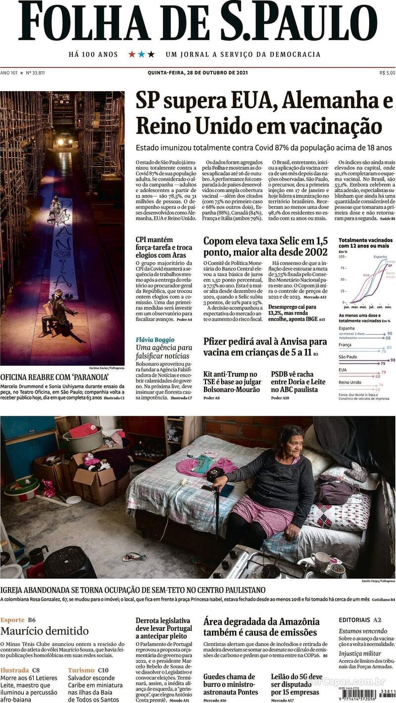 Capa do jornal Folha de S.Paulo 28/10/2021