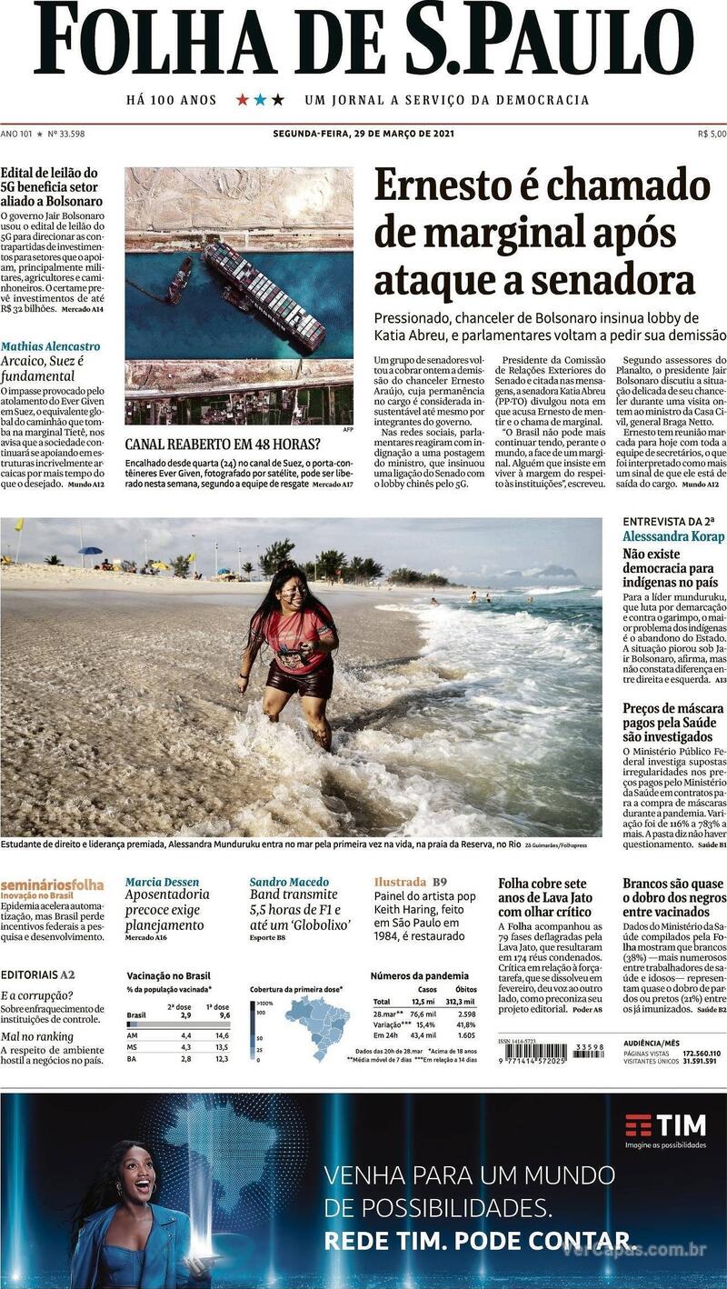 Capa do jornal Folha de S.Paulo 29/03/2021